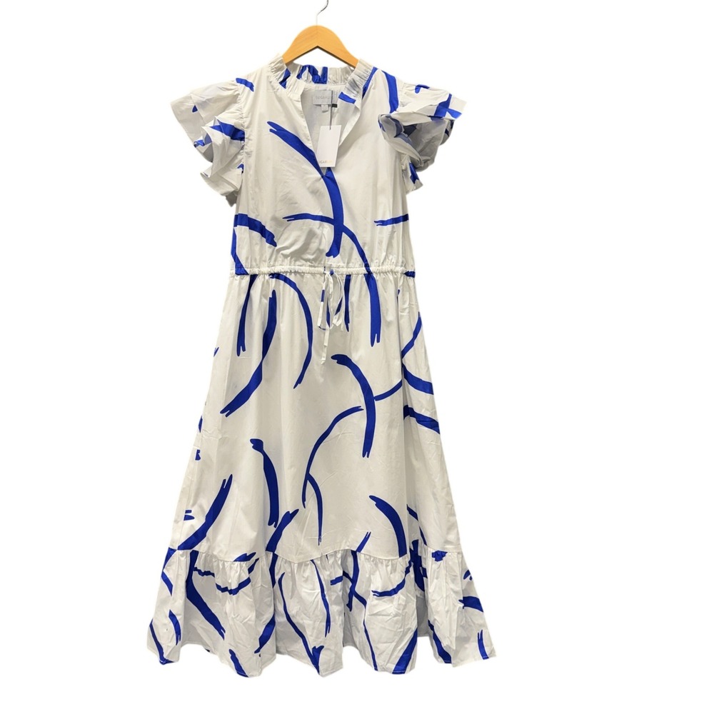 Sugarlips Dress Womens M White Blue Abstract Ruffle Dillan Midi Coastal NEW